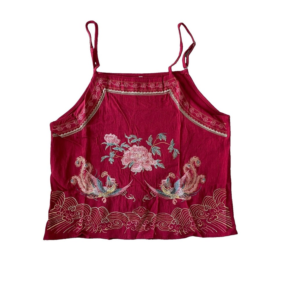 Boho Embroidered Phoenix Bird Peony Tank Top Red Cami Womens Medium Art To Wear